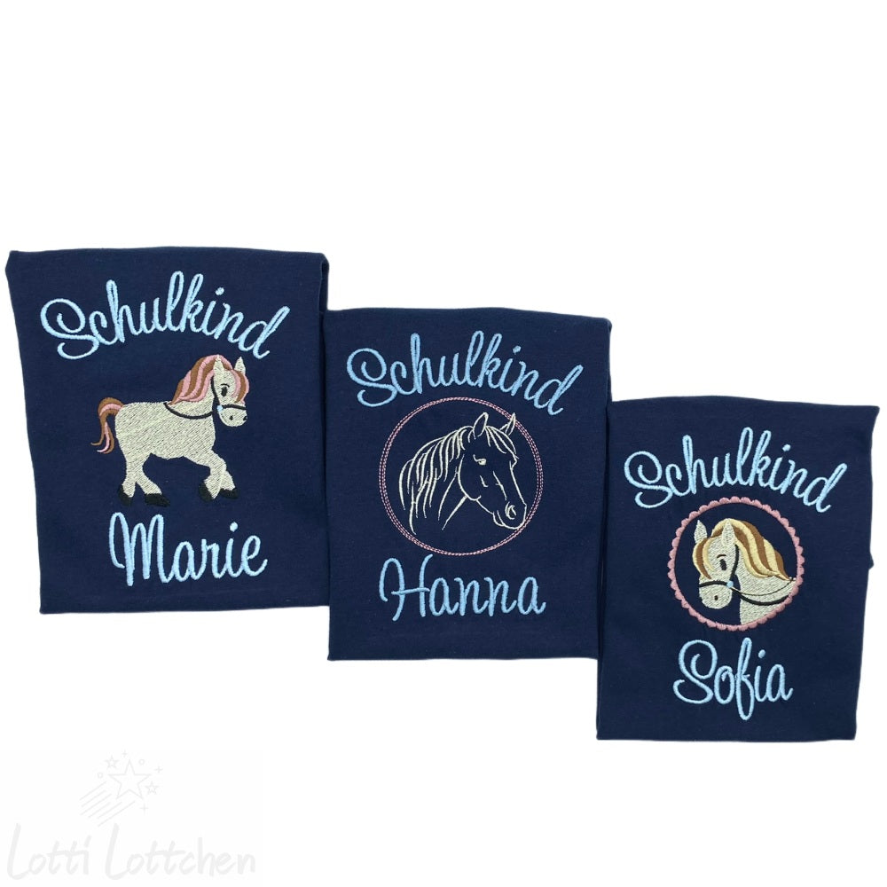 Hochwertig-besticktes-Schulkindshirt-Pferdebutton-mit-Name-Lotti-Lottchen