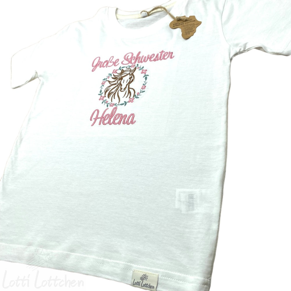 Hochwertig-besticktes-Geschwistershirt-Pferd-mit-Name-Lotti-Lottchen